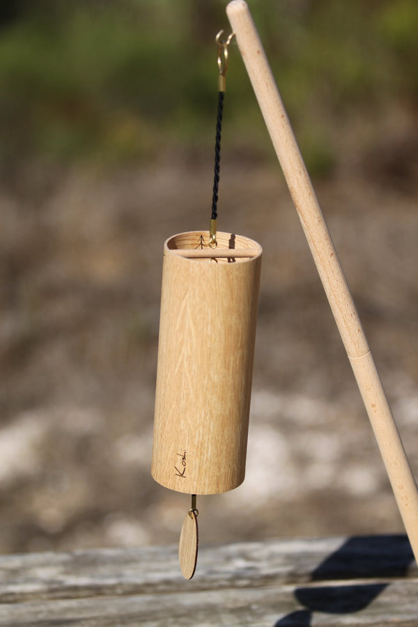 Koshi Forest Earth Symphony chime close up, oak resonance chamber with 12 rods