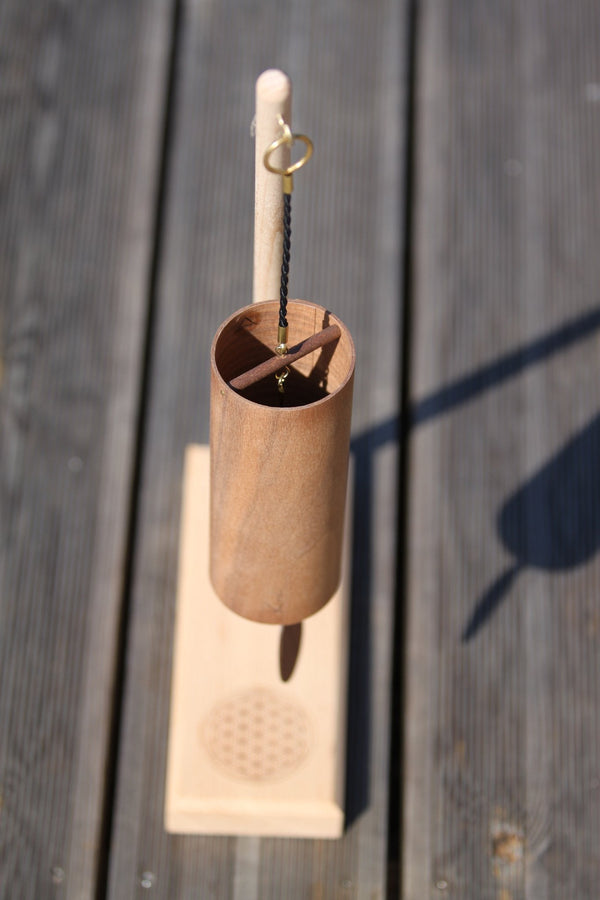 Koshi Mountain chime in walnut on the Flower of Life single chime stand