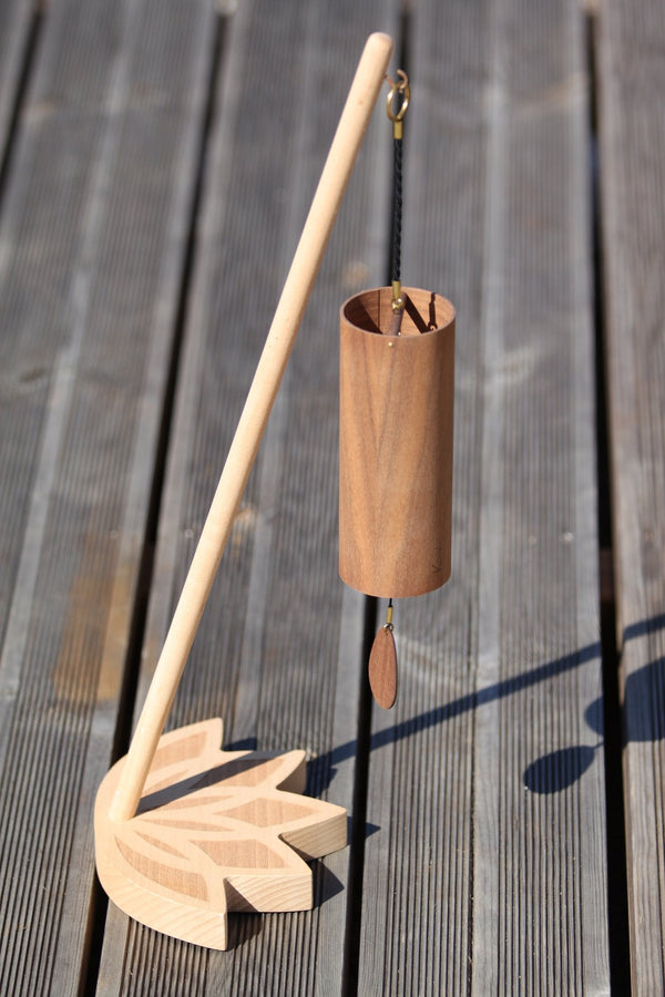 Koshi Mountain wind chime in walnut on the Lotus Flower chime stand, Earth Symphony Collection
