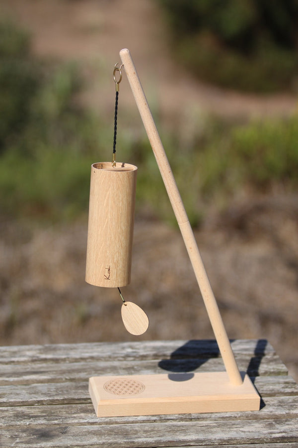 Koshi Forest wind chime hanging from the Flower of Life stand, handmade in France