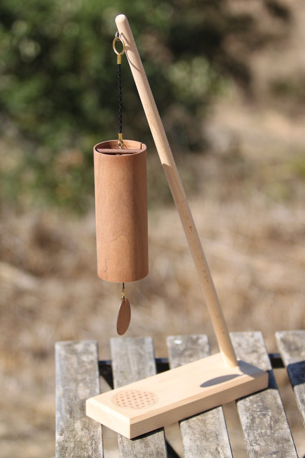 Koshi Mountain wind chime hanging from the Flower of Life stand, handmade in France