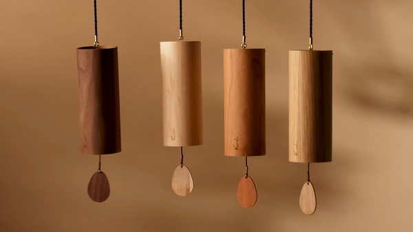 Koshi Earth Symphony set of 4 chimes: Mountain in walnut, Forest in oak, River in cherry and Ocean in maple